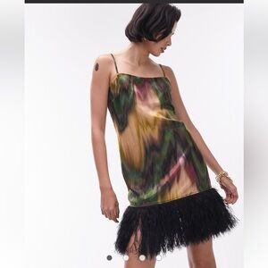 Topshop printed mini slip with faux feather trim detail